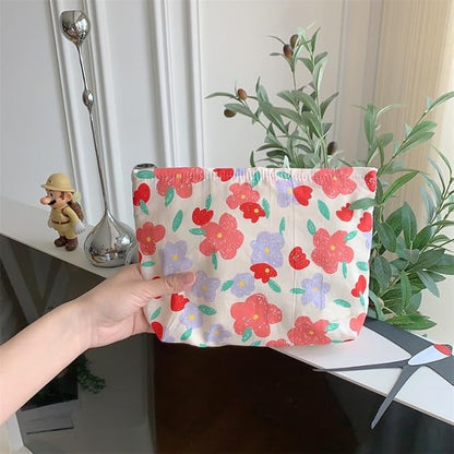 Floral Makeup Bag Large Cotton Zipper Pouch for Purse Travel Canvas Make Up Organizer for Women Cosmetic,Flower Pink