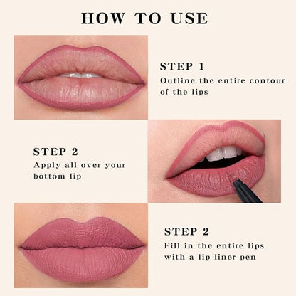 evpct Longwear Liquid Lip Liner Stain Marker Pen Long Lasting Waterproof, Dusty Pink Matte Semi Permanent 24 Hour Lip Liner and Lipstick Combo, Korean Color Stay Lipliner All Day, Lips Stain peel off