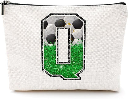 Soccer Gifts Initial Makeup Bag Monogrammed Cosmetic Bag Letter Q Zipper Pouch Soccer Accessories for Girls Women Player Coach Friend Stuff Graduation Birthday Gifts