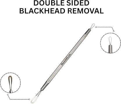 Blackhead Removal Tool, 2-in-1 Acne Extractor Tool - Stainless Steel Blackhead/Whitehead Remover for Face/Nose, Grey Leather Pouch