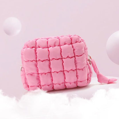 Puffy Quilted Makeup Bag Small Puffer Bag Cosmetic Bags Travel Toiletry Purse for Women, Cute Organizer Pouch, Pink