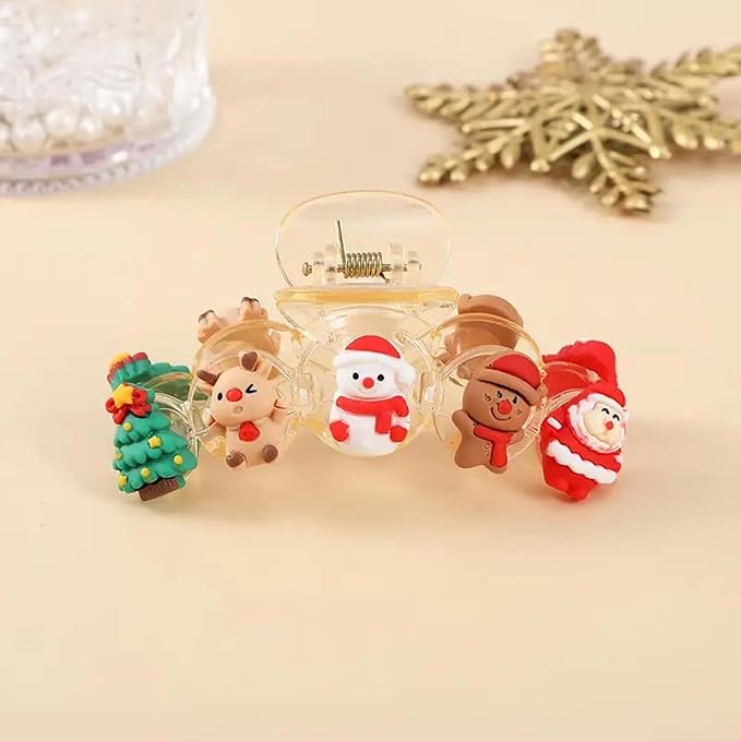 1pcs Christmas Hair Clips - Cute Tree Reindeer Snowmen Claw Clips, Transparent Hair Accessories with Santa Claus Gingerbread Man Designs, Christmas Large Size Hairpin for Xmas Hairstyle Decor