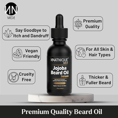 Natnique Jojoba Beard Oil for Men with Vitamin E & Tea Tree – Organic Conditioner & Growth Oil – Moisturizer for Facial Hair, Mustache & Dry Skin – Softener for Itch, Dandruff & Grooming Care – 1 oz