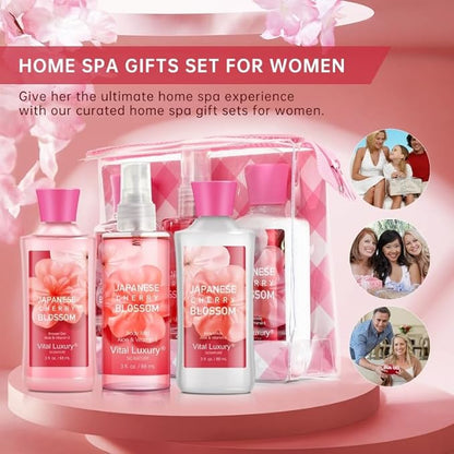 Japanese Cherry Blossom Spa Gift Set for Women and Girls, Bath and Body Care Kit with Gel, Lotion, Mist, Travel Size, with Natural Extracts - Body Care Kit for Birthday, Mother's Day, Christmas Gifts