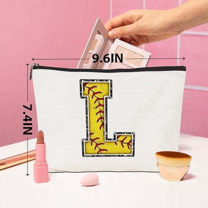 Monogrammed Cosmetic Bag - Initial Makeup Bag with Letter L Zipper Pouch - Softball Accessories for Girls & Women - Graduation & Birthday Gifts