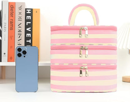 Three Layer Makeup Bag for Women Fashion Stripes Cosmetic Bag Preppy Style Travel Water-Resistant Toiletry Bag for Storage Toiletries Cosmetics Sets for Women Teen Girls Pink