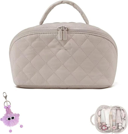 Makeup Bag for Woman, 180° Lay Flat Wide Open Makeup Bags, Large Fold out Washable Cosmetic Case, Quilted Puffy Toiletry Bags for Toiletries (Khaki)