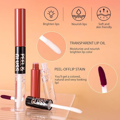 2Pcs Lip Stain Peel Off Lip Gloss oil Dual-Ended Combo, Lips Liner Stain Peel Off Masque, Long Lasting & Waterproof, Transfer-Proof Lip Tint Stain with Lip oil for All Skin Type 02#+03#