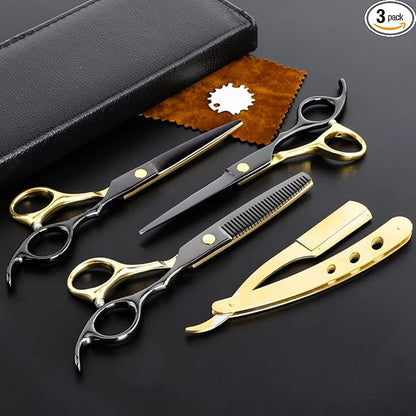 Professional Black Gold Hairdressing Scissors Stainless Steel Barber Hair Cutting Sets Salon Multifunctional Straight Shears Teeth Scissors Thinning Shears Tools for Mother Father's Gift