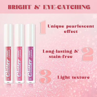 3Pcs Metallic Lipstick for Women,Lightweight Glitter Sparkling Liquid Lipsticks,Shimmer Lip Gloss Stain Long Lasting Waterproof Smudge Proof Non-Drying 24 Hour Full Coverage Lip Makeup,Vegan