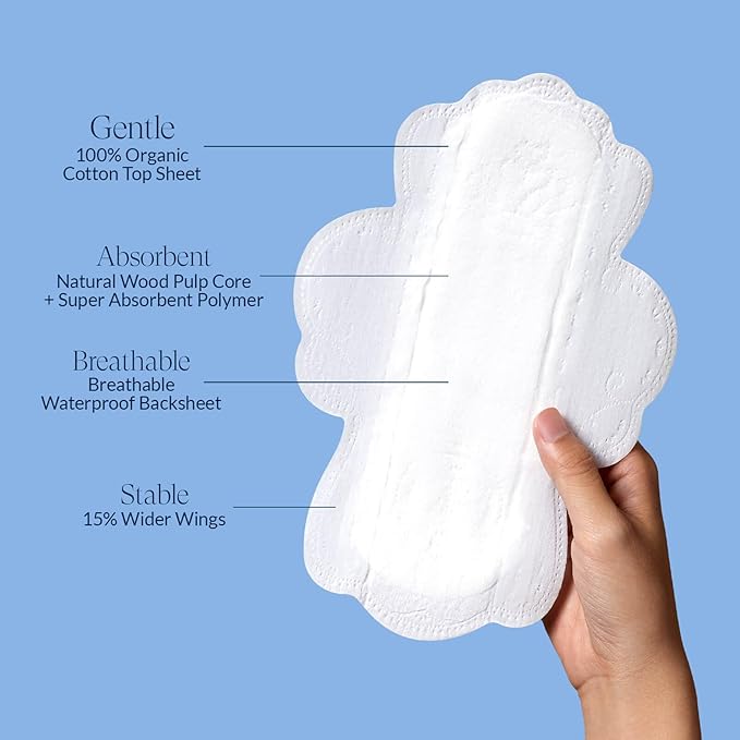 100% Organic Pads for Women 54ct, Ultra Thin Unscented Feminine Period-Pads with Wing, Regular Absorbency Sanitary Pad, Organic Cotton Pad Menstrual (Regular, Size 3, 54 Count)