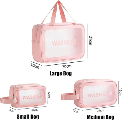 Clear Travel Bags for Toiletries,3 Pack Toiletry Bag,Matte Translucent Toiletry Bag,Makeup Bag With Handy Handle,Travel Pouch,Makeup Cosmetic Organizer for Travel Essentials(Pink)
