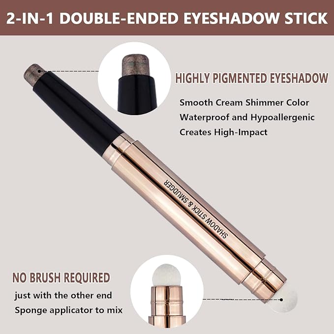 Brown Eyeshadow stick and Sponge Makeup Brush,Smooth Cream Shimmer Eye Shadow Pencil Long Lasting Waterproof Glitter Primer Palette Hypoallergenic Highlighter eyes Look