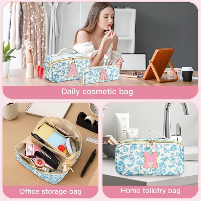 Personalized Travel Makeup Bag Set,Initial Travel Cute Floral Makeup Organizer Bag,Toiletry Skincare Cosmetic Bag,Christmas Gifts for Women/Girls,Open Flat Toiletry Pouch with Brush Pocket-S