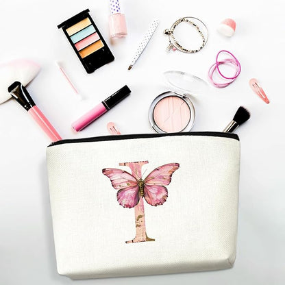 Initial Makeup Bag Pink Butterfly I Personalized Cosmetic Bag Monogrammed Gifts for Women Girls Bride Bestie Monogram Zipper Pouch for Friendship Mothers Day Birthday Wedding Bridal Shower Gifts