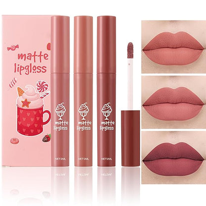 3Pcs Nude Matte Lipstick Set, Ice Cream Velvet Smooth Matte Lip Gloss, 24 Hour Natural Long Lasting & Nourishing Lip Glaze Non-stick Cup for Women Makeup (Set C)