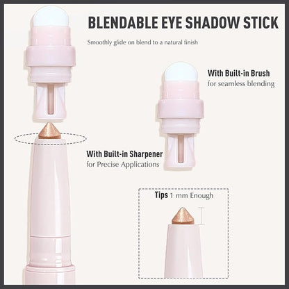 Eyeshadow Stick, Sand Shimmer Cream Eyeshadow Long-Lasting Crease-Proof Glitter Eyeliner Pencil High Pigmented Neutral Highlighter Makeup Crayon with Blending Brush & Built-in Sharpener