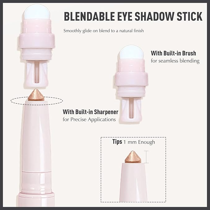 Pearl White Eyeshadow Stick, Shimmer Cream Eyeshadow Long-Lasting Eye Brightener Stick High Pigmented Glitter Highlighter Makeup Pencil Crayon with Blending Brush & Built-in Sharpener