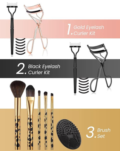 Eyelash Curler Kit Metal Lash Curlers with Eyelashes Separator Comb Tools & 6 Replacement Refill Pads (Black)