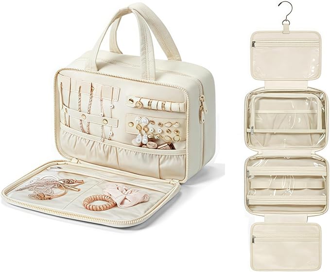 Inmorven Travel Hanging Toiletry Bag for Women, Makeup Cosmetic Bag with Jewelry Organizer, Waterproof DoppKit Set for Girls Large Capacity, Carry-on Travel Accessories Essentials - White