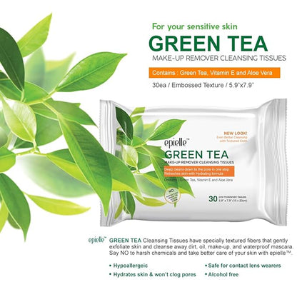 Epielle Green Tea Makeup Remover Wipes, Gentle Daily Facial Cleanser Towelettes, Remove Dirt, Oil & Waterproof Mascara, Stocking Stuffers, Thanksgiving Essentials, 30 Count (Pack of 6)