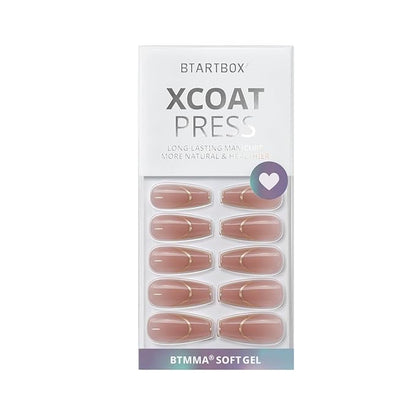 BTArtbox Press on Nails Long - Rose Gold Outline Designed French Tip Press on Nails, Coffin Glue On Nails, Reusable Soft Gel Stick On Nails with Nail Glue in 15 Sizes, Gilded French