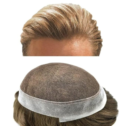 FACE MIRACLE Mens Toupee Lace Front Hairpieces Soft Human Hair Replacement System Natural Hairline Toupee for Men French Lace Poly V-Looped Mens hair Units 7"X9" #1720 Dark Ash Blonde with 20% Gray