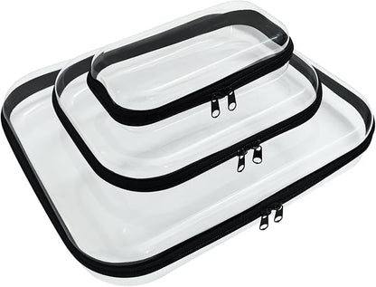 3 Pcs Clear Hard Zipper Case, Hard Shell Plastic Clear Organizer Bag, Transparent Makeup Pouches, Portable Box for Travel Toiletries, Toy Storage Bins (Black, Multi)