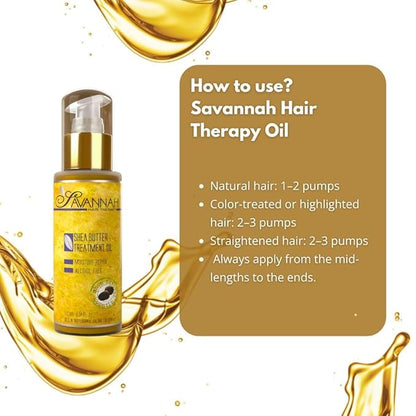 Savannah Hair Therapy Hair Oil with Shea Butter & Keratin- Restore, Revive, Nourish for Dry, Damaged & Color Treated Hair, 3.38 Fl Oz/100 ml