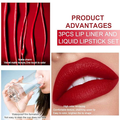 evpct 3Pcs Dark Brown Ruby Deep Red Matte Lip Liner Pencil and Liquid Lipstick Sets for Women Long Lasting Waterproof, 24 Hour Lipstick Lip Stick/Gloss Set labiales mate 24 horas originales, 02