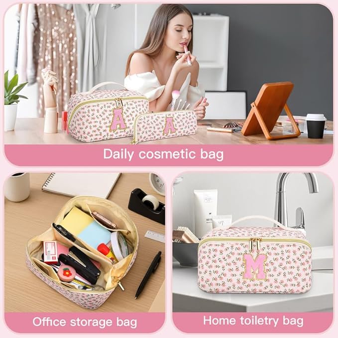 Personalized Travel Makeup Bag Set,Initial Travel Cute Floral Makeup Organizer Bag,Toiletry Skincare Cosmetic Bag,Christmas Gifts for Women/Girls,Open Flat Toiletry Pouch with Brush Pocket-H