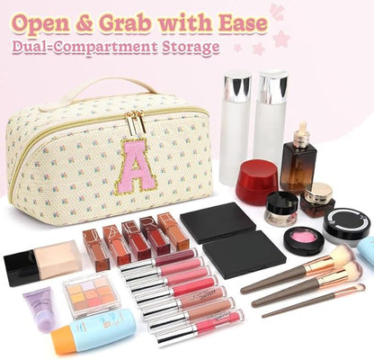 Personalized Travel Makeup Bag Set,Initial Travel Cute Floral Makeup Organizer Bag,Toiletry Skincare Cosmetic Bag,Christmas Gifts for Women/Girls,Open Flat Toiletry Pouch with Brush Pocket-O