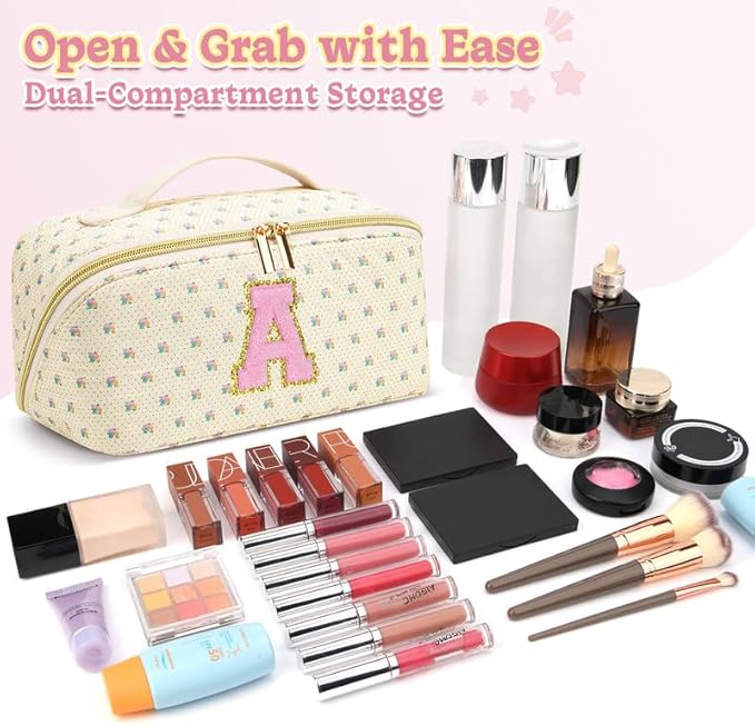 Personalized Travel Makeup Bag Set,Initial Travel Cute Floral Makeup Organizer Bag,Toiletry Skincare Cosmetic Bag,Christmas Gifts for Women/Girls,Open Flat Toiletry Pouch with Brush Pocket-P