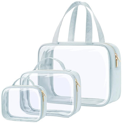 PACKISM Clear Toiletry Bags - 3 Pack Makeup Bags with Handle, Large Opening, Waterproof Cosmetic Bags for Travel Essentials, Grayish Blue