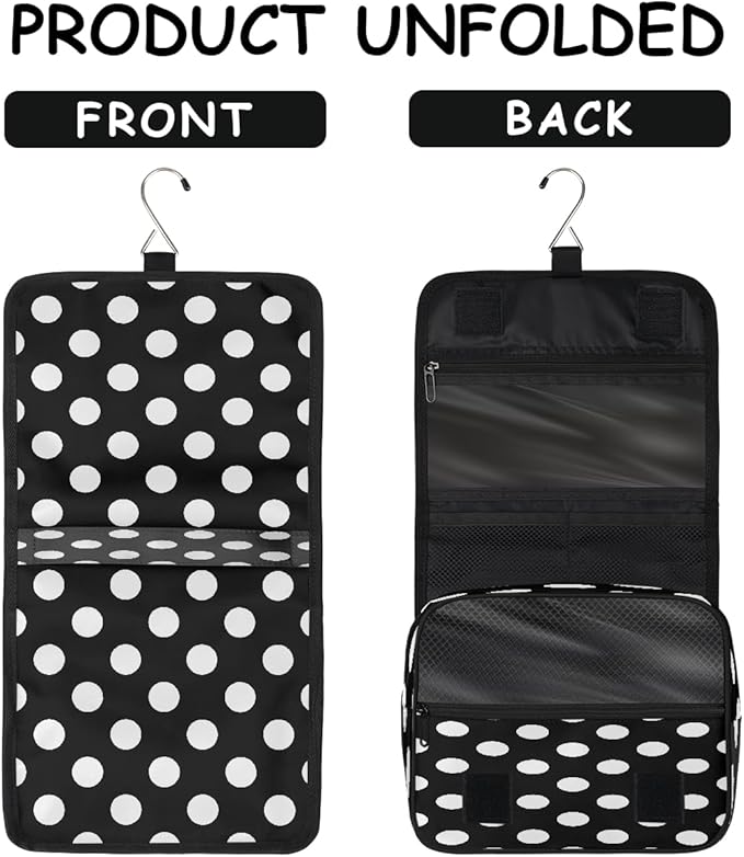 Travel Toiletry Bag for Women & Men White Black Polka Dot Hanging Cosmetic Organizer Portable Waterproof Makeup Case Make Up Bag with Compartments Travel Essentials for Bathroom Shower