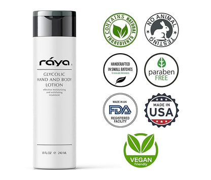 Raya Glycolic Hand and Body Lotion with AHA (G-333) | Soothing, Moisturizing, Exfoliating, and Conditioning Lotion for the Hands, Arms, Legs, and Body | Made with Alpha Hydroxy Acids