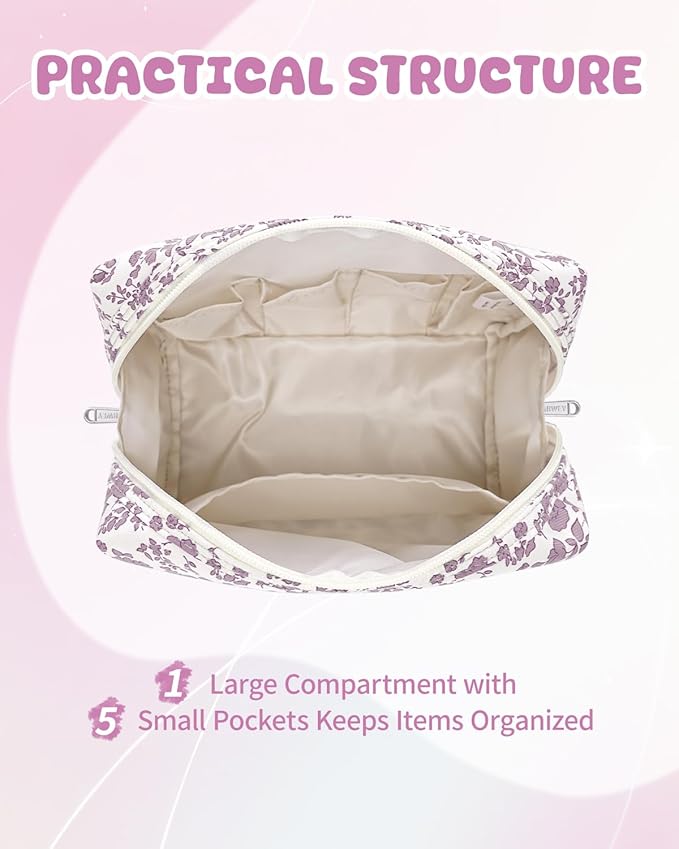 Narwey Birthday Gifts for Teen Girls Kids Women Personalized Initial Floral Makeup Bag Cute Cosmetic Trendy Stuff 6 8 10 11 12 13 14 16 18 Years Old Travel Toiletry Bag (Little Dusty Pink Flower C)