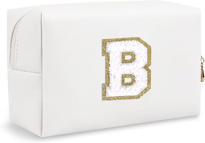 Small Initial Preppy Makeup Bag Organizer, White Cute Chenille Letter Cosmetic Zipper Pouch Toiletry Bags for Traveling, Waterproof PU Makeup Pouch Personalized Gifts for Bride Bridesmaid(Letter B)