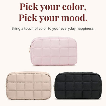 Makeup Bag for Women, Travel Cosmetic Bag Organizer with Compartments, Quilted Puffy Toiletry Pouch for Brushes, Essentials and Accessories, Camel