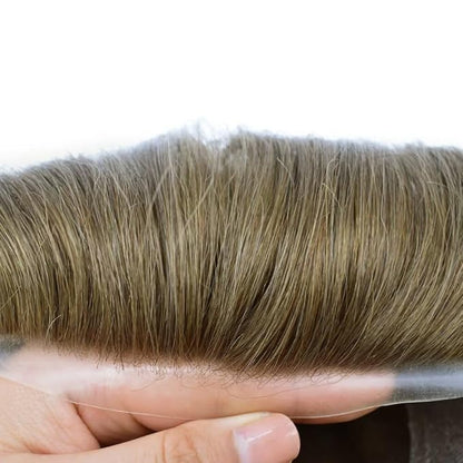 FACE MIRACLE Toupee for Men French Lace Hairpiece Human Hair Replacement System Skin PU Mens Toupee Hair Wigs for Man V-Looped Front Hair Prosthesis 6"X8" 7ASH Light Ash Brown