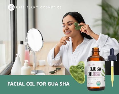 Kate Blanc Cosmetics Jojoba Oil for Hair, Skin & Face with Gua Sha Stone Kit. Gua Sha Oil for Face Massage (4oz, Organic, 100% Pure, Natural)