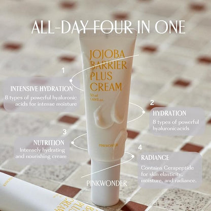 PINKWONDER Jojoba Barrier Plus Cream 1.69oz(50ml), 24HR Long Lasting Moisturizier Face Cream, Jojoba Oil and Hyaluronic Acid for Dry Skin, Korean Skin Care