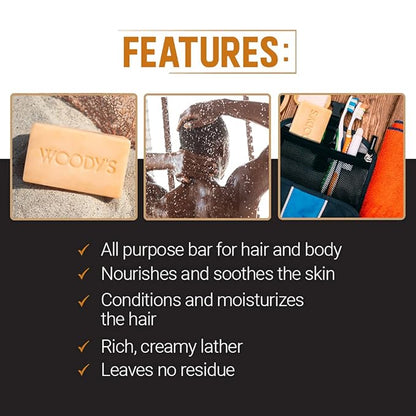 Woody's Men's 2-in-1 Hair & Body Shampoo Bar, Rich, Thick Lather Formula, Conditions, Nourishes, Moisturizes, For All Skin Types, 8 Oz.