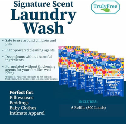 Truly Free Natural Laundry Detergent for Sensitive Skin | Eco Friendly, Plant Based, Baby Clothes Safe | Clean & Easy Powder to Liquid, 6 Pack Refill Detergent, NO Jug | Signature Scent, 300 Loads