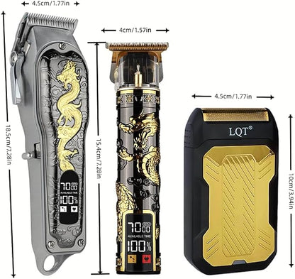Hair Clippers 3-Piece Men's Professional Cordless Haircutting Set with LED Display, Trimmer, Shaver, Beard Clipper - Gift for Man