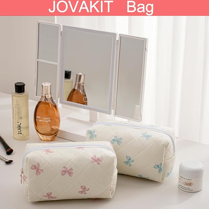 JOVAKIT Square Makeup Bag Cute Cosmetic Bag for Women, Floral Coquette Aesthetic Toiletry Bag, Zipper Make Up Pouch, Travel Make Up Organizer Bag (Blue Bow Tie)