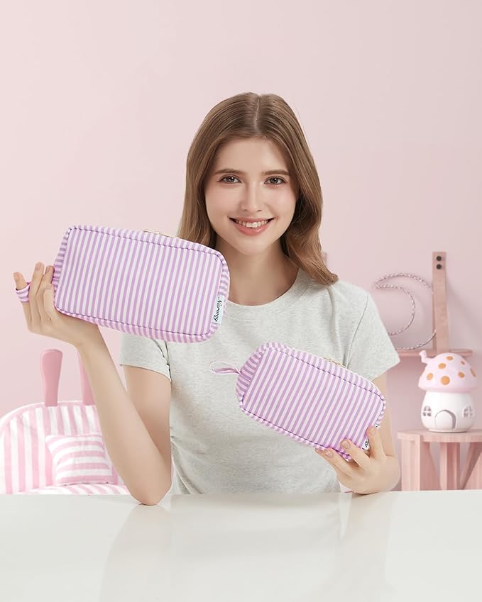 Narwey Cute Makeup Bag Small Toiletry Bag Travel Cosmetic Bag Organizer Make Up Bags with Organized Pockets for Women (Purple Stripe, Large)
