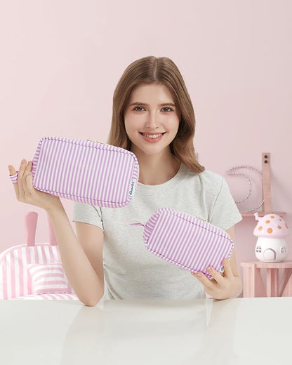 Narwey Cute Makeup Bag Small Toiletry Bag Travel Cosmetic Bag Organizer Make Up Bags with Organized Pockets for Women (Purple Stripe, Large)