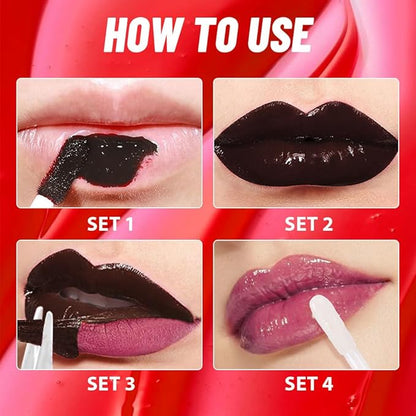 2Pcs Liquid Lip Stain Peel Off Lip liner and Lip oil with Tweezer, Dual-Ended Peel Off Lip Stain Tattoo, Highly Pigmented Long Lasting Waterproof, Transfer-proof for All Skin Types, 03#+05#