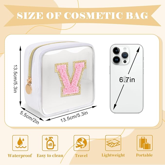Personalized Initial Letter Clear Preppy Makeup Bag,Mini Nylon Chenille Letter Cosmetic Bag Cute Zipper Pouch Purse for Teen Girls,Portable TSA Approved Beach Travel Essentials Bag Gift for Women,V